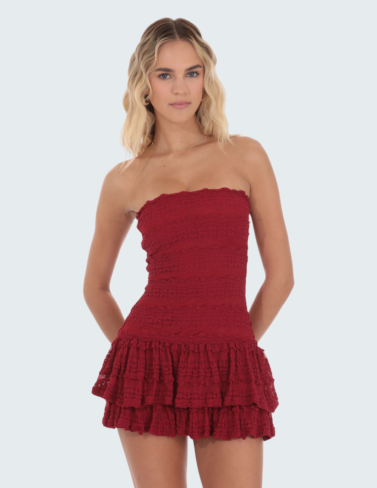 Red Strapless Lace Ruffle Dress