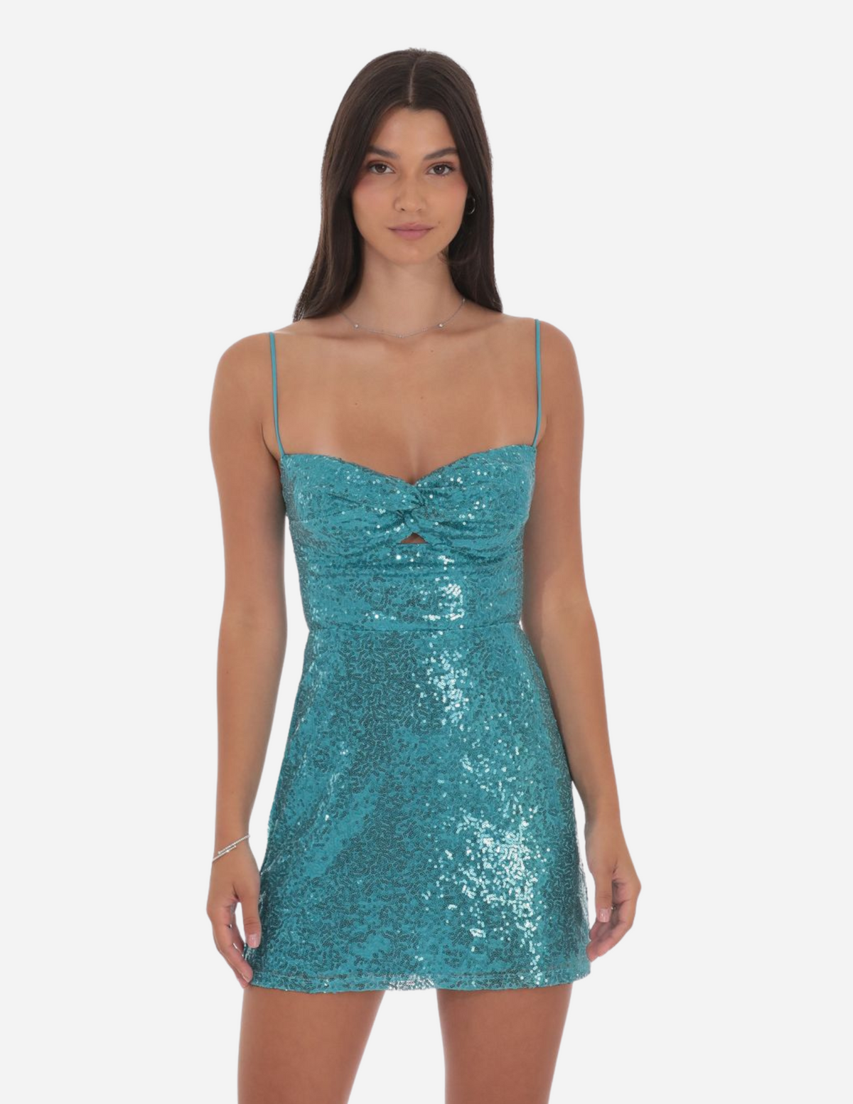 Cyan Sequin Front Twist Bodycon Dress
