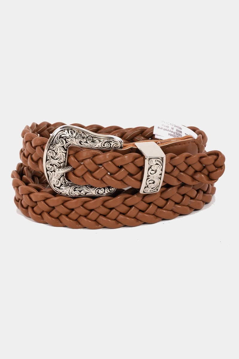 Floral Buckle Faux Leather Braid Belt