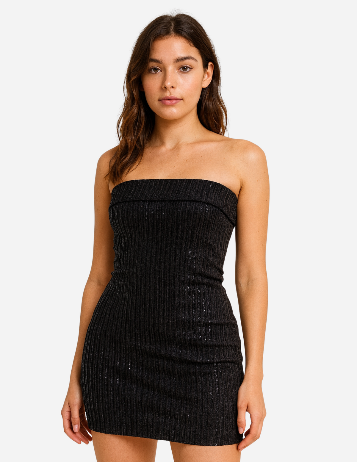 Black Embellished Stripe Strapless Dress