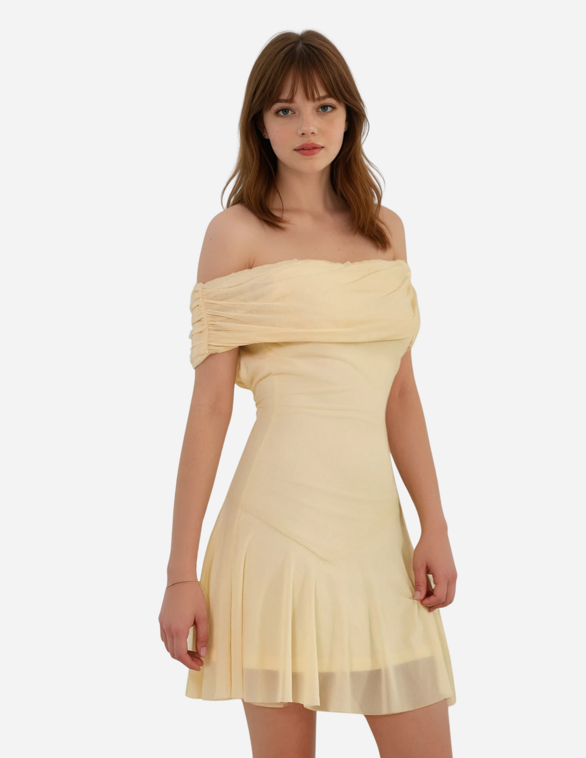 Mesh Open Back Flowy Custard Dress