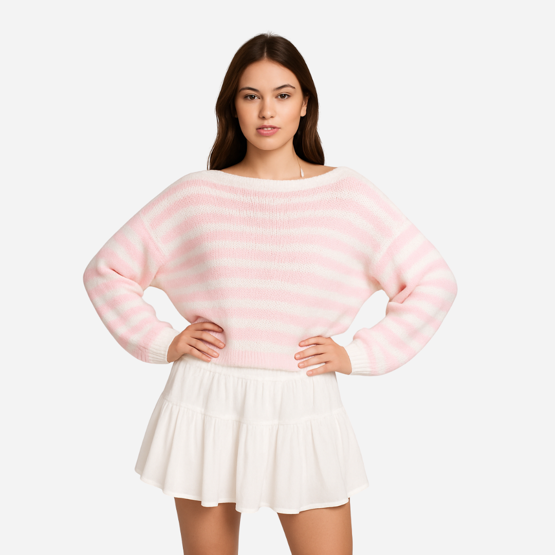 Pink and Ivory Off The Shoulder Pullover Sweater