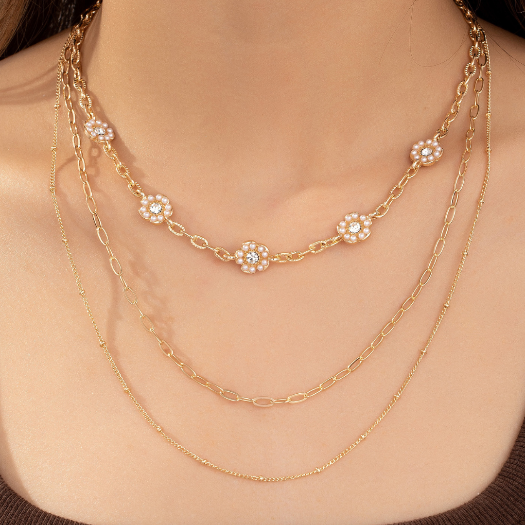 Floral Pearl Layered Chain Necklace