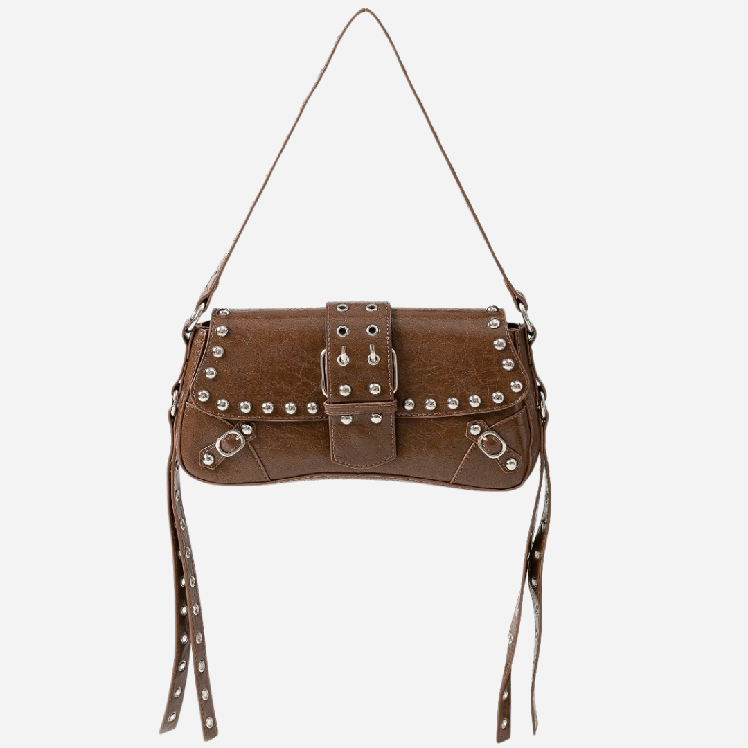 Brown Faux Studded Leather Shoulder Bag