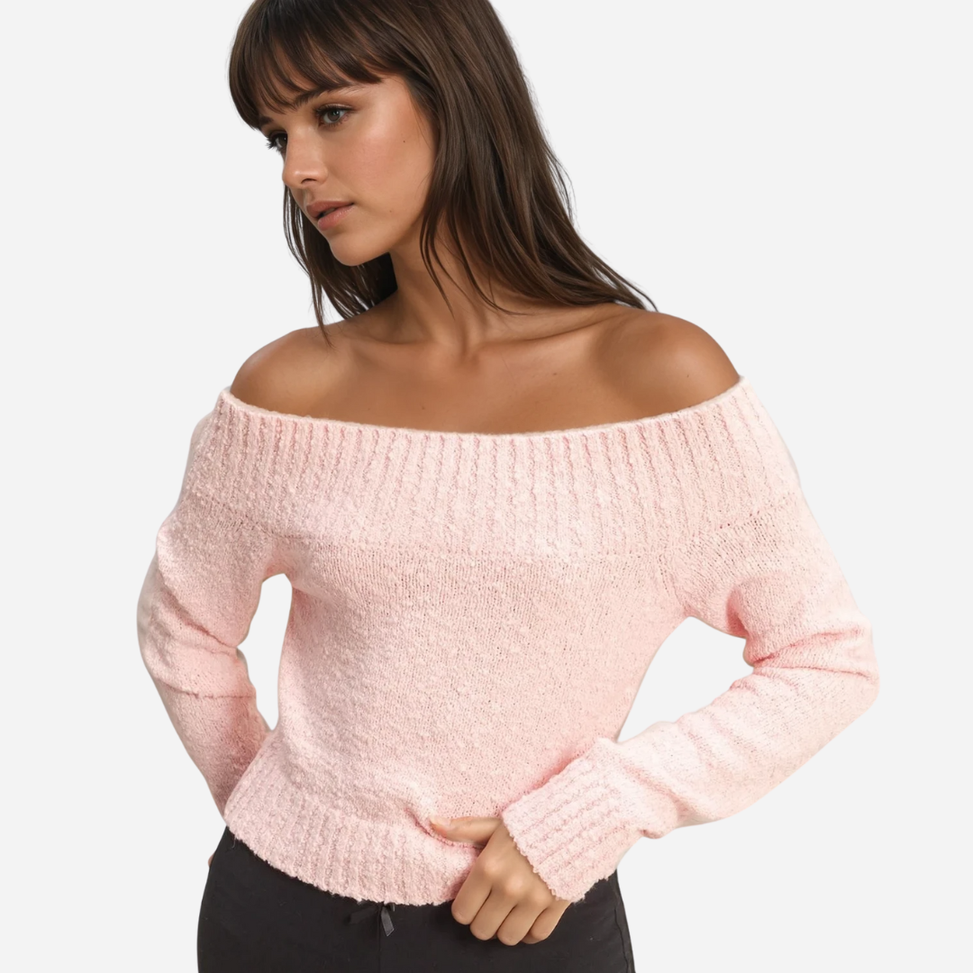 Light Pink Off Shoulder Ribbed Knit Sweater