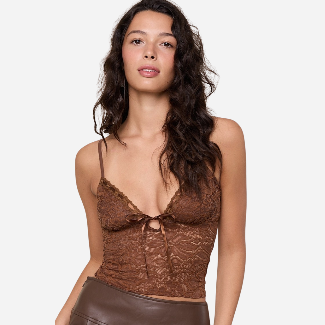 Brown Floral Lace See-through Cami Top