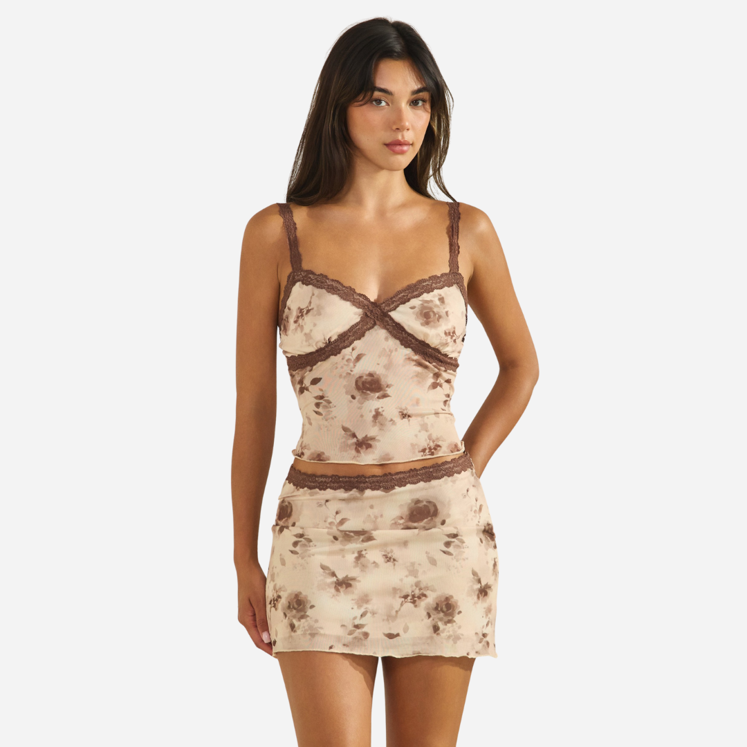 Brown Floral Mesh Lace Skirt Set