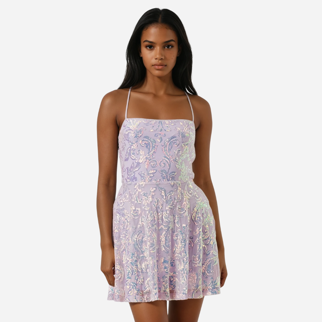 Lavender Iri Sequin Flare Dress
