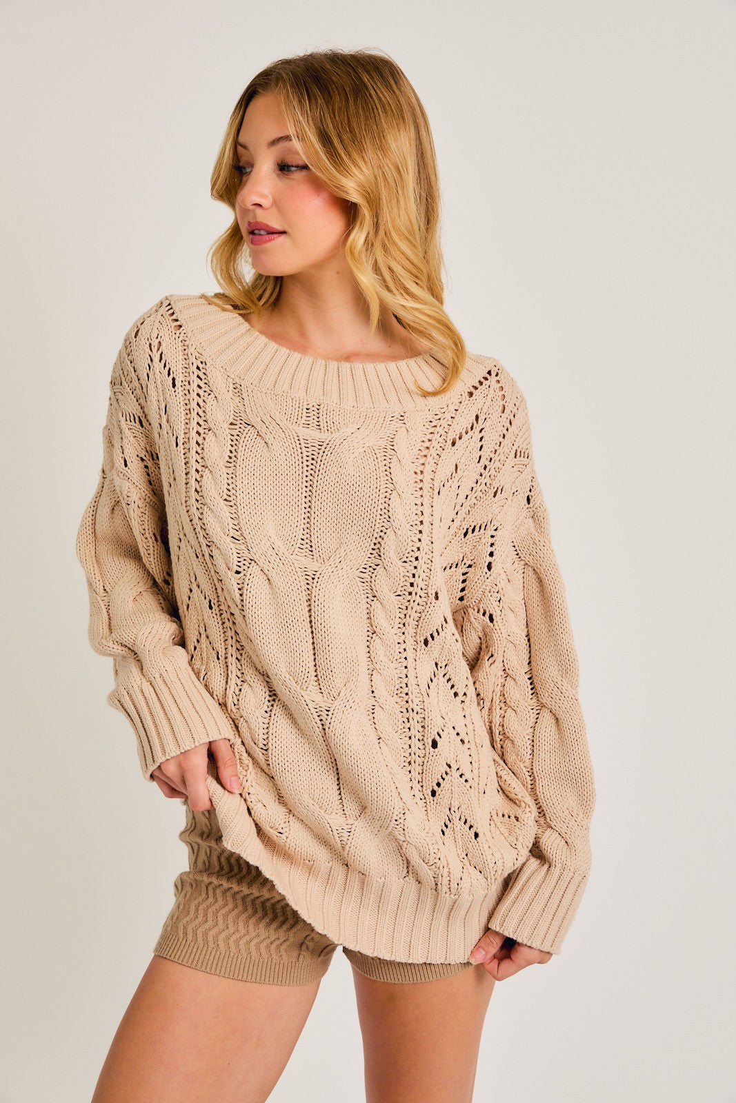 Long Sleeve Boat Neck Cable Oversized Sweater