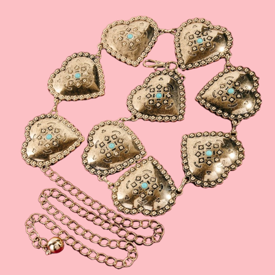 Gold Turquoise Concho Hearts Chain Belt