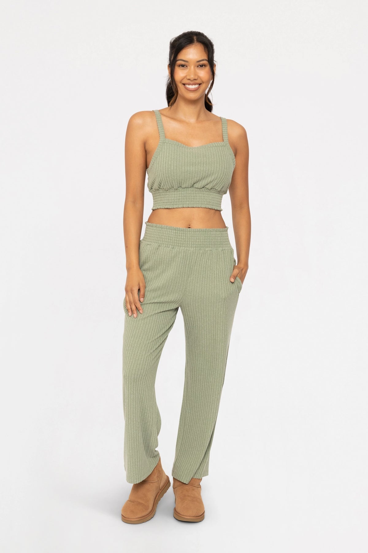 Waistband Ribbed Wide Leg Pants