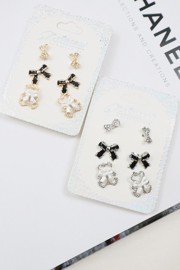 Little Bear Ribbon Bow Earring Set