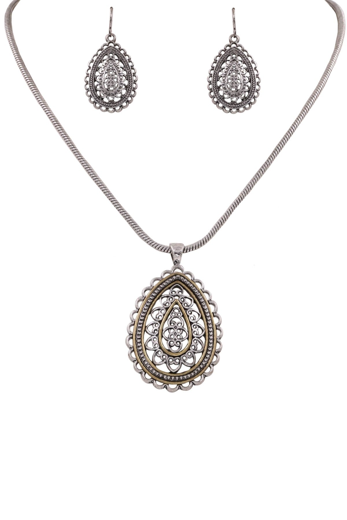 Metal Filigree Teardrop Necklace Set