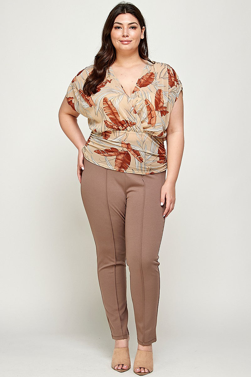 Leaf Print Mesh Wrap Plus Size Top